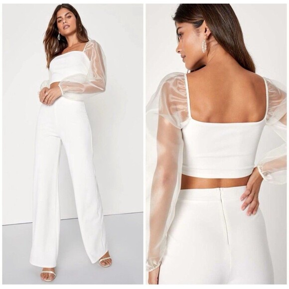 Lulus Sheerly Sultry White Organza Balloon Sleeve Two-Piece Jumpsuit Size XL NWT - Picture 1 of 10